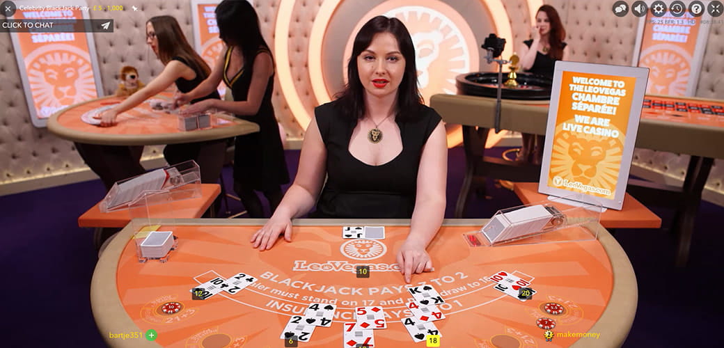 A screenshot of a live celebrity blackjack game at LeoVegas casino