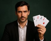 An image of a live blackjack dealer showing Ace cards